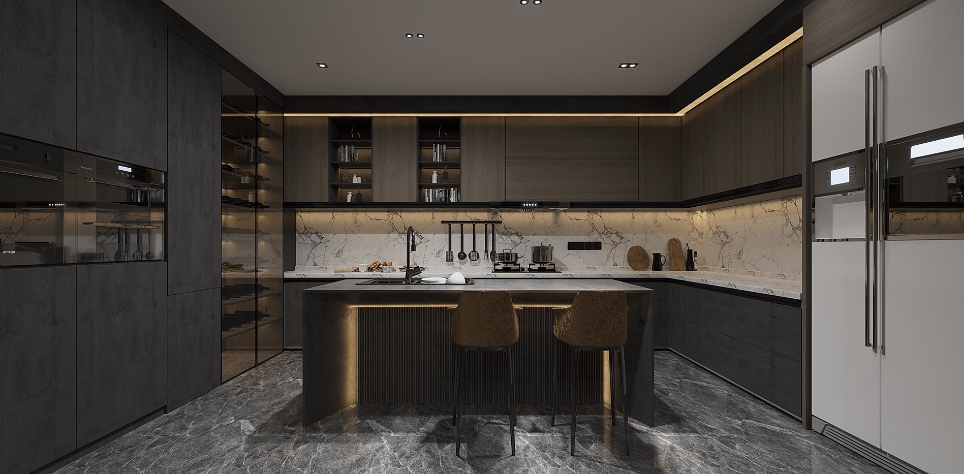 Nhà bếp trong căn hộ hiện đại được trang bị nội thất thông minh, mang đến sự tiện lợi và sang trọng. (Ảnh sưu tầm)
