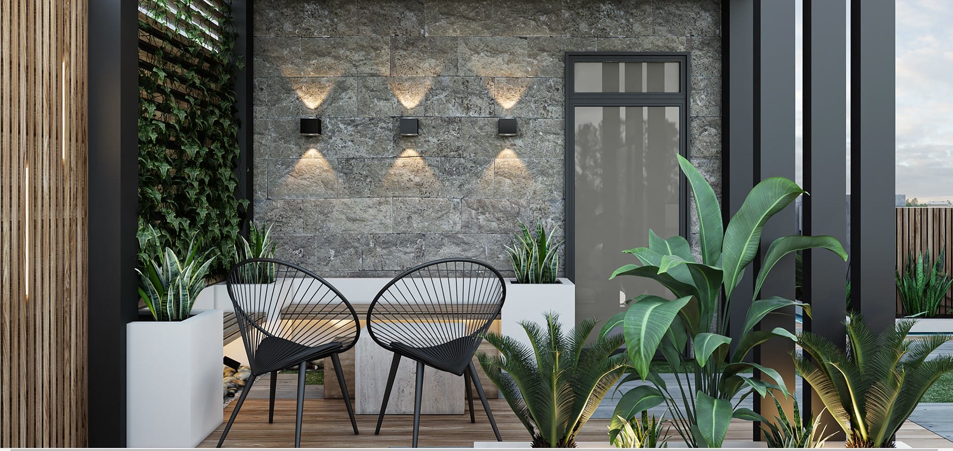 Đá và gỗ được sử dụng trong thiết kế sân thượng bởi độ bền cao. (Ảnh sưu tầm)