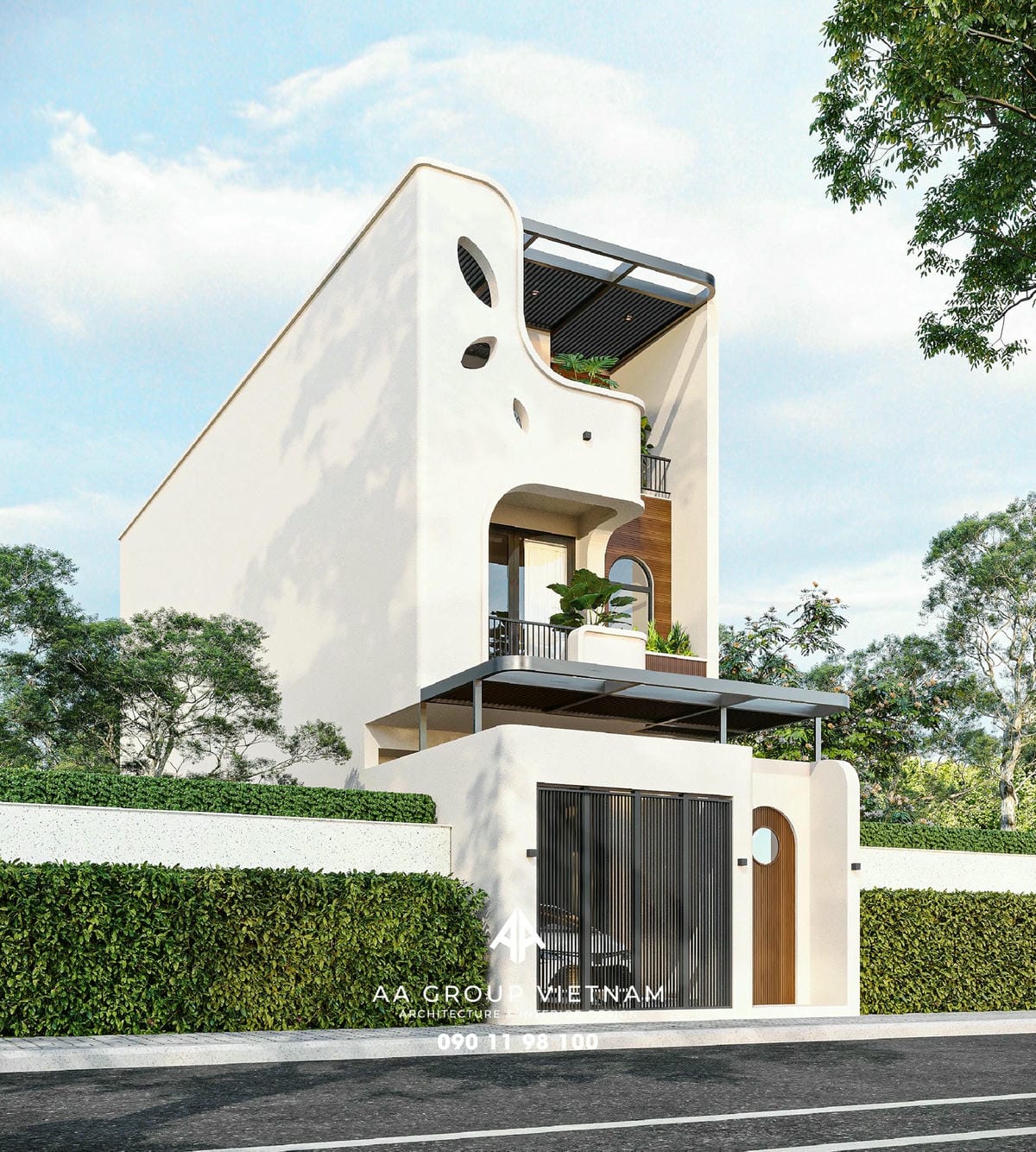 Mẫu nhà phố hiện đại kết hợp vật liệu gỗ và các màu sắc đối lập để tạo nên sự thu hút.