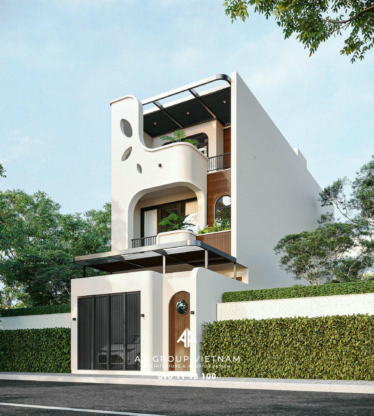 Mẫu nhà phố hiện đại kết hợp vật liệu gỗ và các màu sắc đối lập để tạo nên sự thu hút.