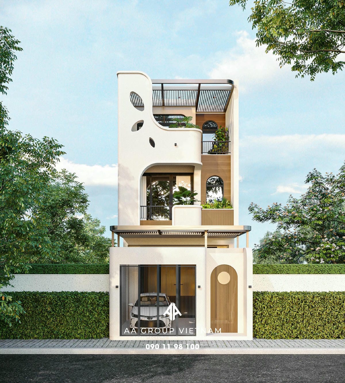 Mẫu nhà phố hiện đại kết hợp vật liệu gỗ và các màu sắc đối lập để tạo nên sự thu hút.