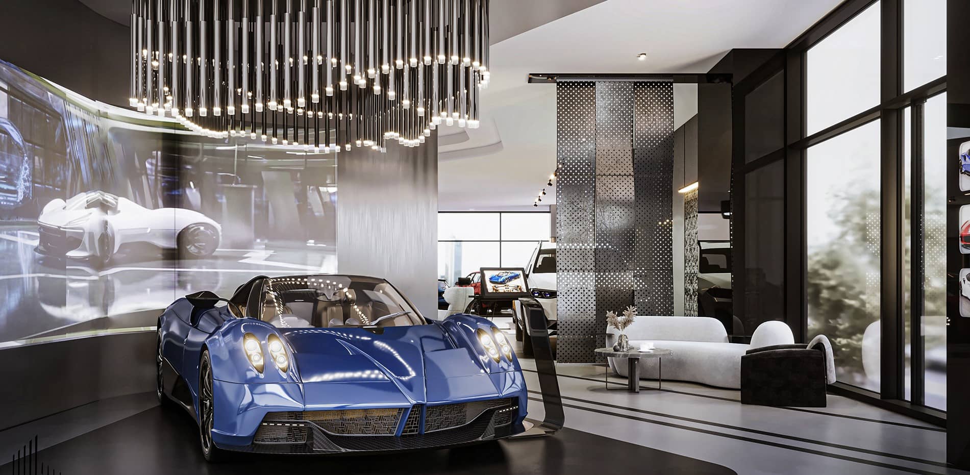 Sảnh đón showroom ô tô được thiết kế sang trọng.