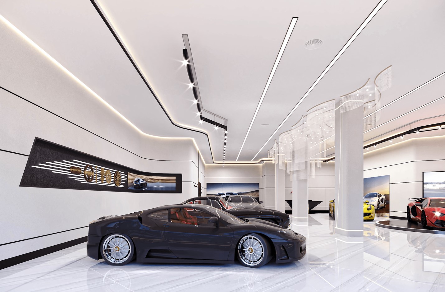 Tone màu trắng cùng ánh đèn tôn lên nét tối giản của showroom.