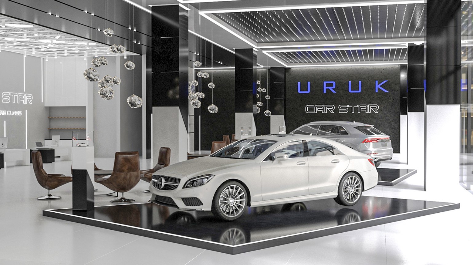 Thiết kế showroom với vật liệu kim loại và đồ trang trí sang trọng.