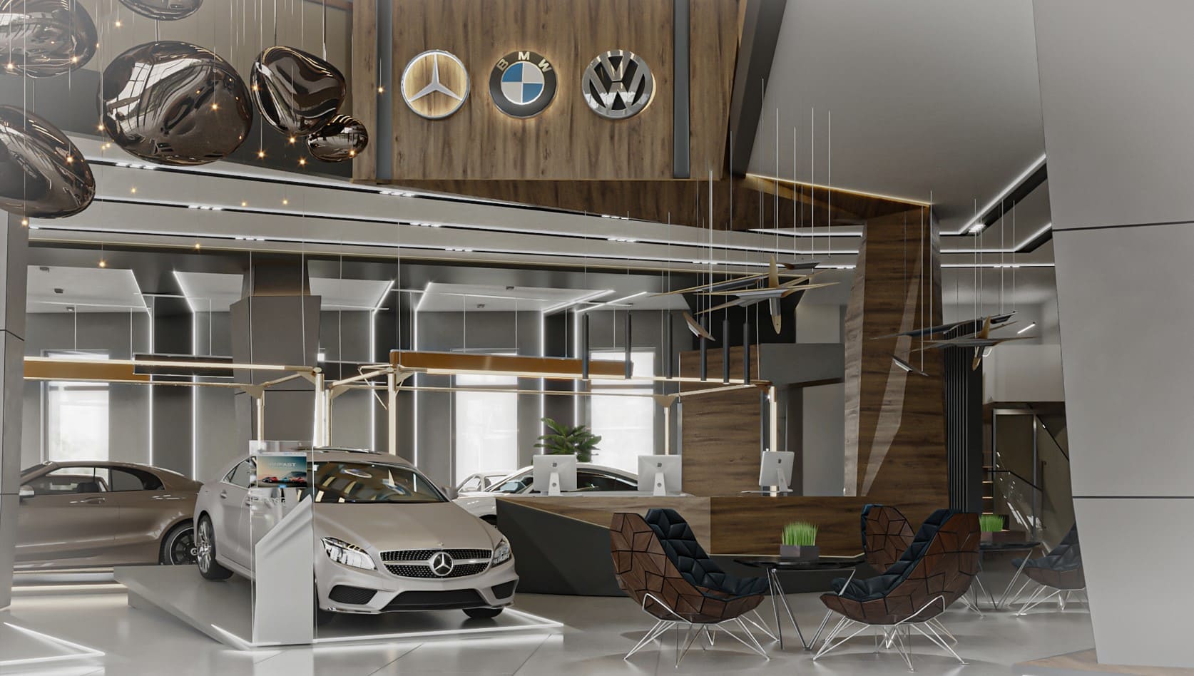 Khu vực sảnh chờ showroom ô tô sang trọng.