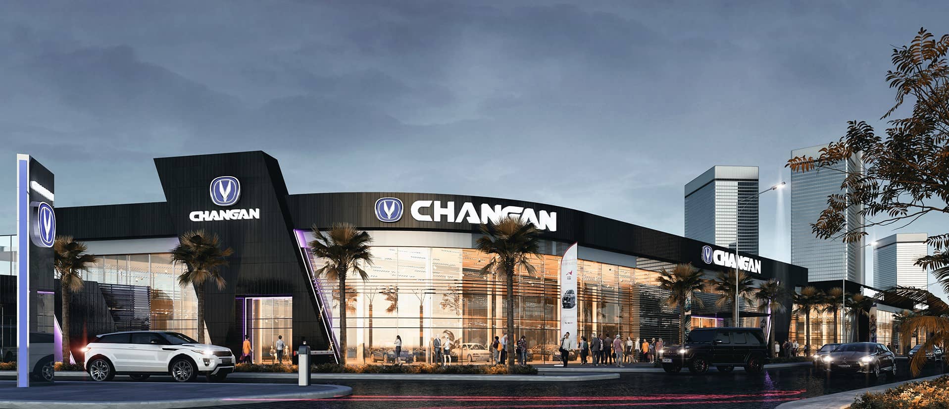 Mặt tiền showroom ô tô thanh lịch sang trọng.