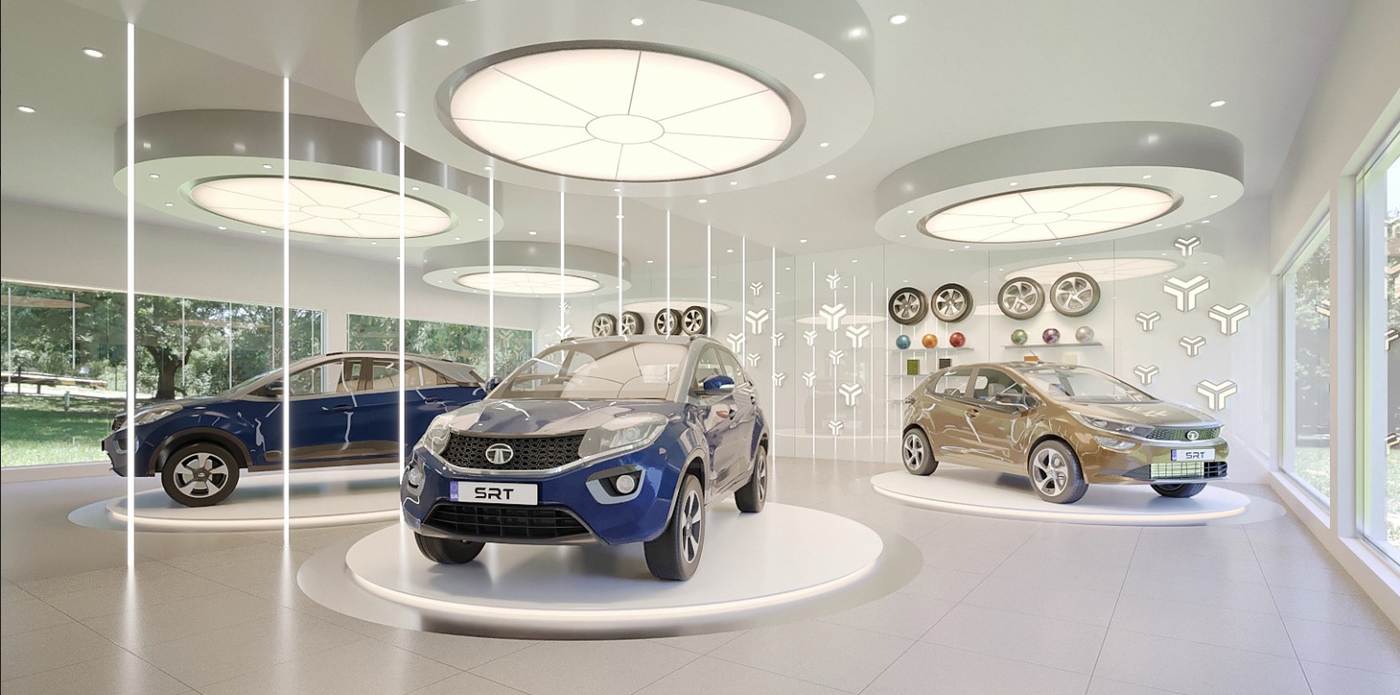 Nội thất showroom ô tô trưng bày kết hợp ánh sáng đèn và ánh sáng tự nhiên.
